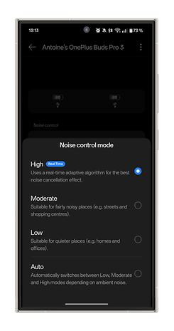 Écran de l'application OnePlus Buds Pro 3 affichant les modes de contrôle du bruit : Élevé, Modéré, Faible, Automatique.