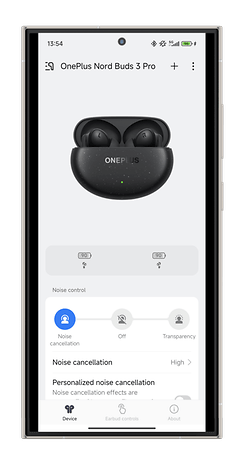 OnePlus Nord Buds 3 Pro displayed in the Melody app with noise control options.