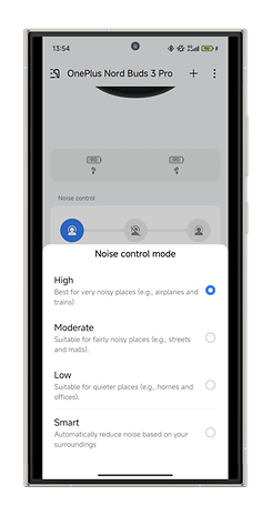 OnePlus Nord Buds 3 Pro app screen showing noise control modes: High, Moderate, Low, Smart.