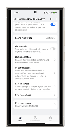OnePlus Nord Buds 3 Pro app interface showing features like Sound Master EQ and firmware update.