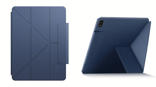 OnePlus Pad 3 Tablet in einem navyblauen Etui, zeigt Vorder- und Rückansicht.