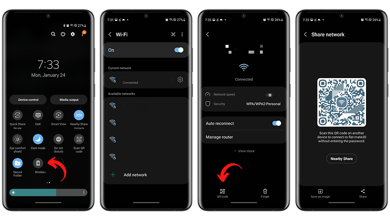 Screenshots explain how to share your Wi-Fi password through a QR code