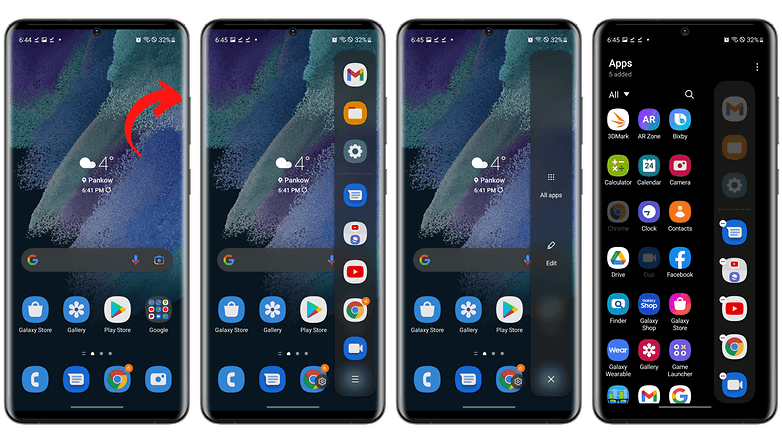 Screenshots of Samsung's Side Panel setup