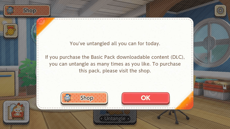 Shop menu displaying a message about untangling progress and downloadable content options. Shop menu displaying a message about untangling progress and downloadable content options.