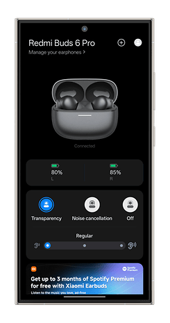 Interface de l'application Redmi Buds 6 Pro montrant les niveaux de batterie, le mode transparence et les options d'annulation du bruit.