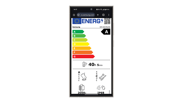 Étiquette énergétique pour un appareil Samsung, notation A, avec détails sur l'utilisation et les spécifications.
