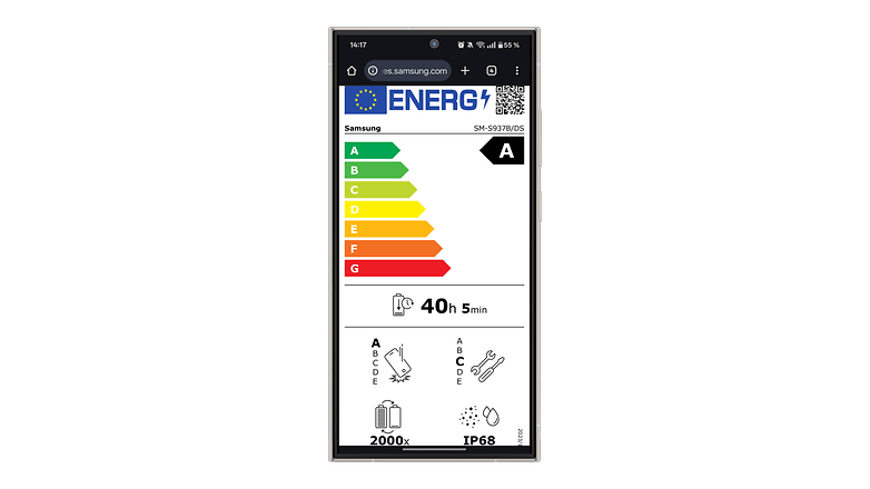 Energy label for a Samsung device, rating A, with details on usage and specifications. Energy label for a Samsung device, rating A, with details on usage and specifications.