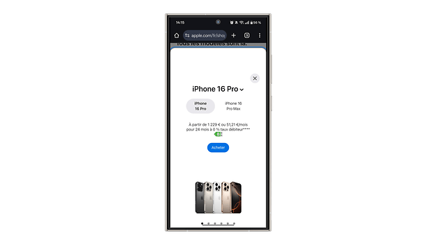 Un écran de smartphone affichant les détails et les prix de l'iPhone 16 Pro.