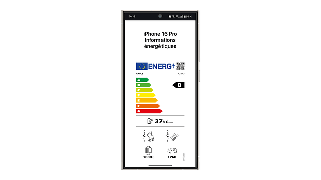 Étiquette d'information énergétique de l'iPhone 16 Pro avec une note énergétique B et une utilisation de 37 heures.