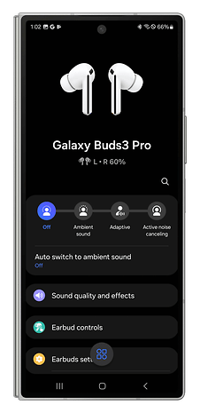 Screenshot of the Galaxy Wear app showing the interface to manage the Galaxy Buds 3 Pro.