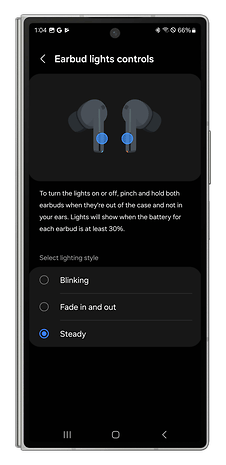 Screenshot of the Galaxy Wear app showing how to manage the LEDs on the Galaxy Buds 3 Pro.