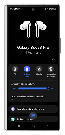 Screenshot of the Galaxy Wear app showing how to manage transparency mode on the Galaxy Buds 3 Pro.