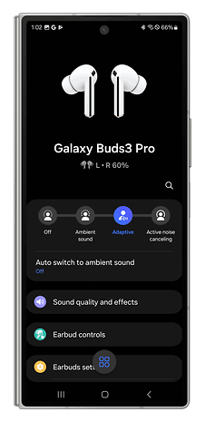 Capture d'écran de l'application Galaxy Wear montrant comment activer la gestion des bruits ambiants par IA sur les Galaxy Buds 3 Pro.