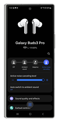 Screenshot of the Galaxy Wear app showing how to manage active noise cancellation on the Galaxy Buds