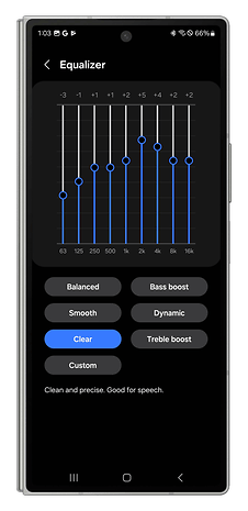 Screenshot of the Galaxy Wear app showing the Galaxy Buds 3 Pro's equalizer.