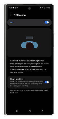 Screenshot of the Galaxy Wear app showing how to enable 360° audio on the Galaxy Buds 3 Pro.