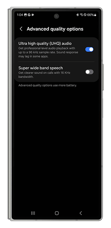 Screenshot of the Galaxy Wear app showing how to enable the Galaxy Buds 3 Pro's UHQ feature for HD a