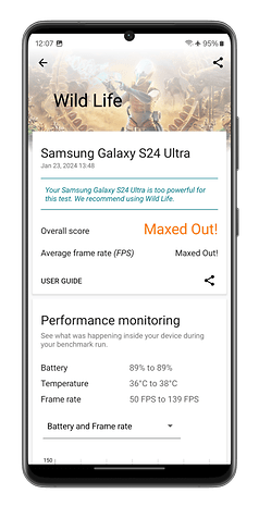 Captures d'écran du benchmark 3DMark Wild Life réalisé sur le Samsung Galaxy S24 Ultra