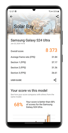 Captures d'écran du benchmark 3DMark Solar Bay réalisé sur le Samsung Galaxy S24 Ultra