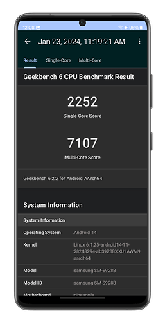 Captures d'écran du benchmark Geekbench 6 réalisé sur le Samsung Galaxy S24 Ultra