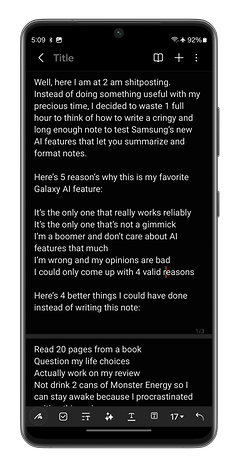 Captures d'écran de l'application Samsung Notes du Galaxy S24 Ultra
