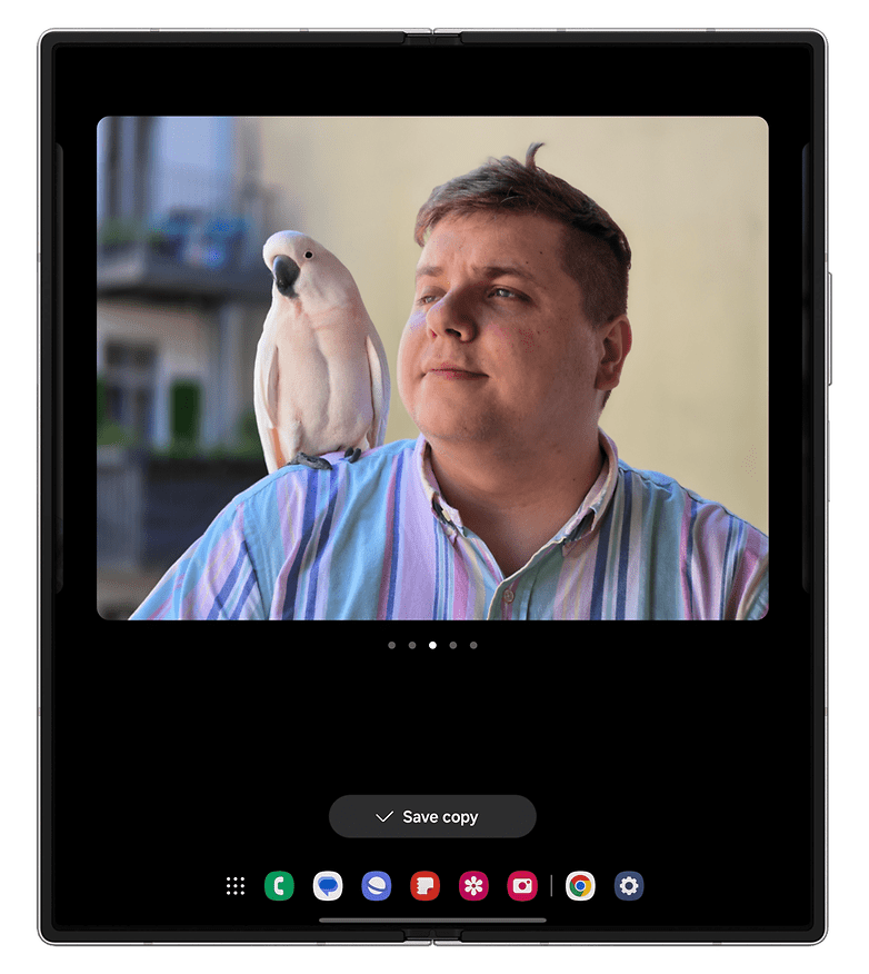 A person with a striped shirt poses with a white parrot on their shoulder.