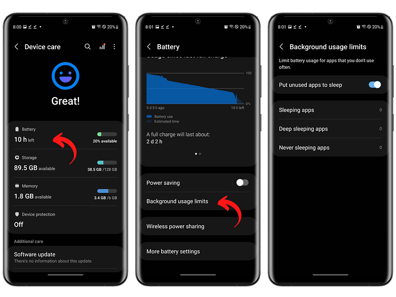 Screenshots of power saving options