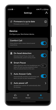 Capture d'écran de l'application Smart Control du casque sans fil Sennheiser Accentum Plus Wireless
