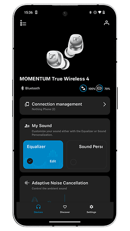 Capture d'écran de l'application Smart Control des écouteurs Sennheiser Momentum True Wireless 4