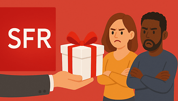 Une main présente une boîte-cadeau à deux personnes mécontentes sur un fond rouge avec le logo 'SFR'.