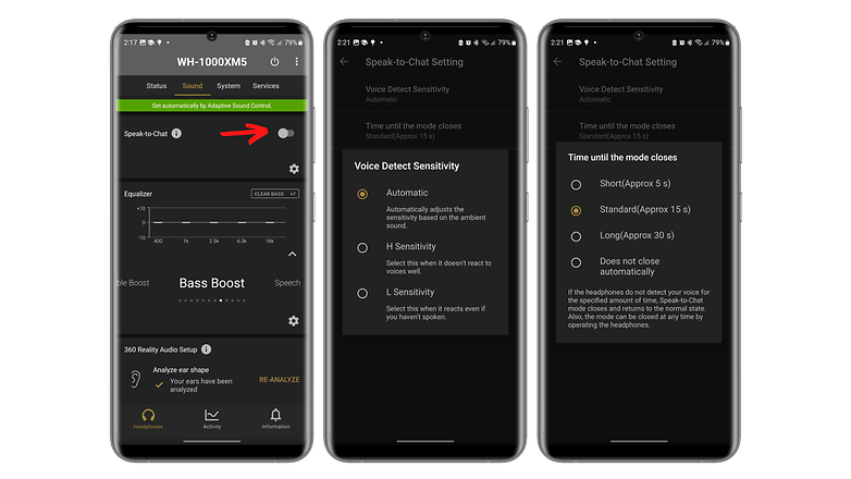 Sony WH1000-XM5 in-app screenshots displaying how to enable voice sensitivity