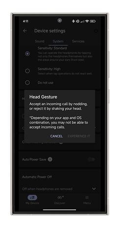 Sony Sound Connect app settings screen, showing sensitivity options and head gesture function.