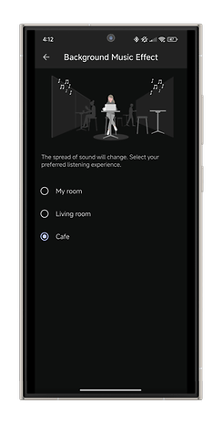 Screen showing the background music effect options of the Sony Sound Connect app: My Room, Living Ro