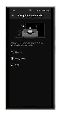 The Sony Sound Connect app showing background music effects settings with room selection options.