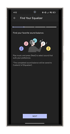 Screen showing 'Find your equalizer' in the Sony Sound Connect app, with instructions and a 'Next' b