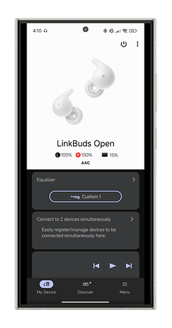 Screenshot of the Sony Sound Connect app showing the LinkBuds Open with battery status and settings.