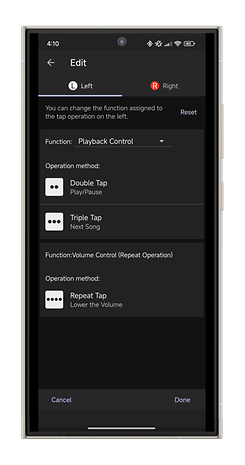 Sony Sound Connect app settings screen for playback and volume control options.