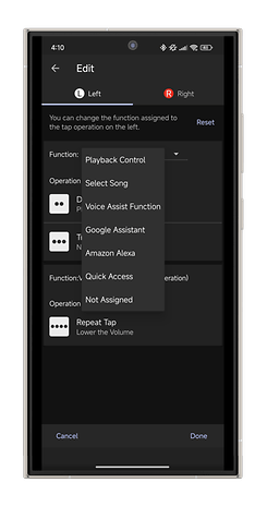 Sony Sound Connect app screen showing function assignment options for left and right tap operations.