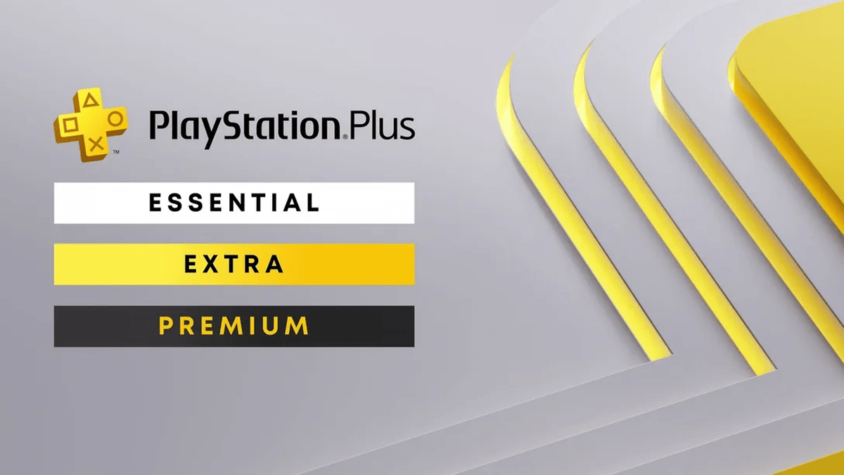 Logo de PlayStation Plus avec les niveaux : Essential, Extra, Premium sur un fond gris.