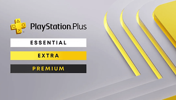 Logo de PlayStation Plus avec les niveaux : Essential, Extra, Premium sur un fond gris.