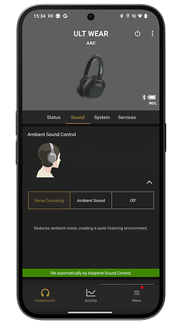 Capture d'écran de l'application Sony Headphones Connect montrant les modes de réduction de bruit active du Sony ULT WEAR.