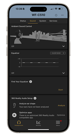 Sony WF-C510 app interface showing the audio settings including equalizer and ambient sound control.