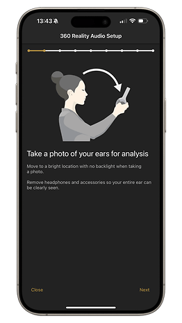 Screenshot displaying the 360 ​​Reality audio setup with a person's face and instructions.