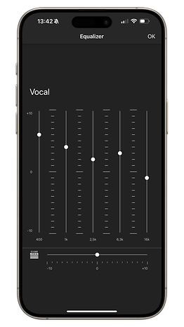 Equalizer settings for the Sony WF-C510 with sliders for vocal and bass adjustments.