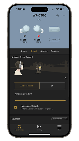 Sony WF-C510 app interface showing the audio settings including equalizer and ambient sound control.