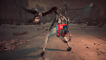 Un personnage de Stellar Blade avec de longs cheveux, portant une tenue futuriste, tenant une arme dans un environnement urbain en ruine.