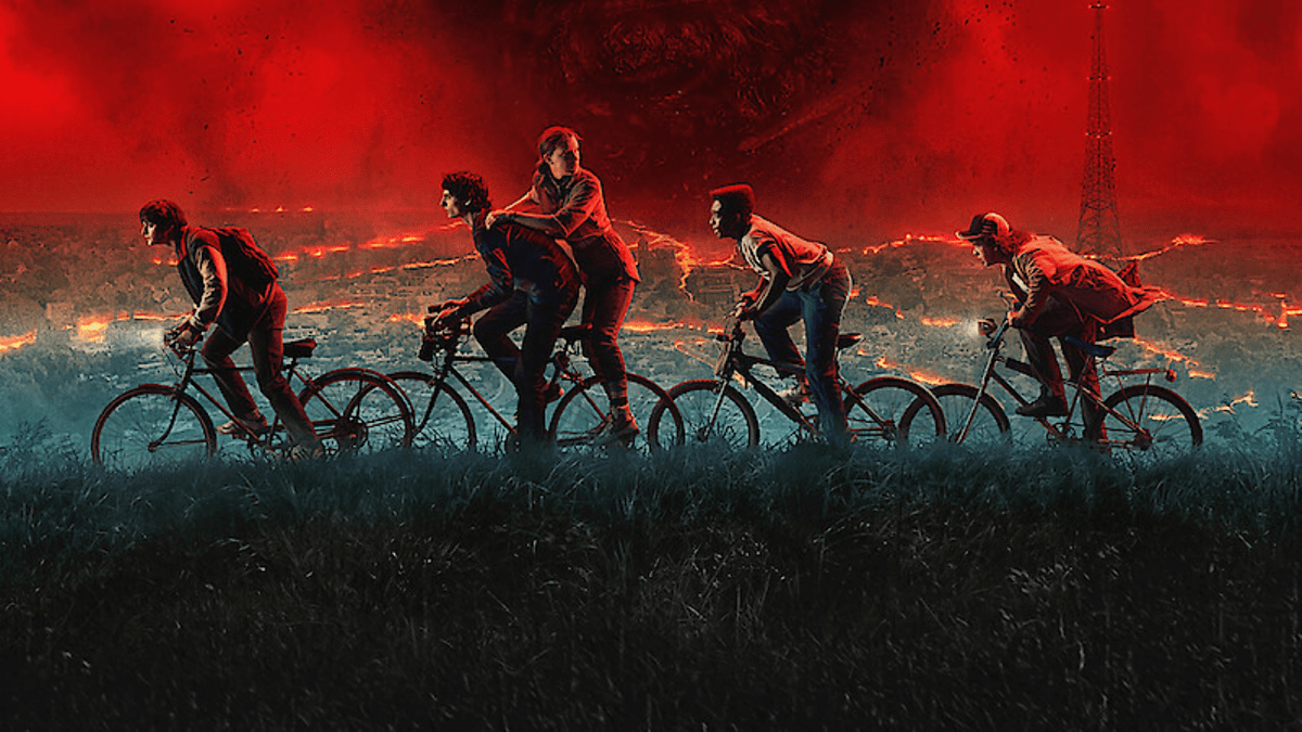 Cinq enfants faisant du vélo sur fond rouge et noir dramatique.