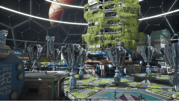 Ein futuristischer Forschungskomplex mit Grünflächen, fortschrittlicher Technik und einem großen Planeten am Himmel.