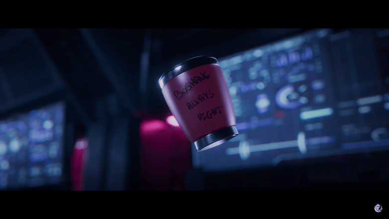 Eine schwebende Tasse mit der Aufschrift 'BOSSING ALWAYS RIGHT!' vor einem hochmodernen Hintergrund.