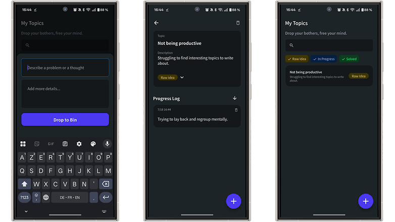 Three smartphone screens showing a note-taking app with topics and progress logs. Three smartphone screens showing a note-taking app with topics and progress logs.